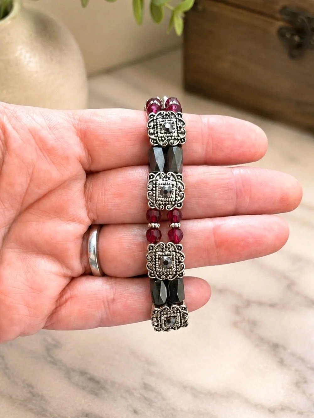 Black/Burgundy/Silver Magnetic Stretchy Bracelet - Picture 2 of 5